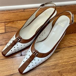 Stuart Weitzman NWOT slingback kitten heel white brown buckle size 9.5 vintage